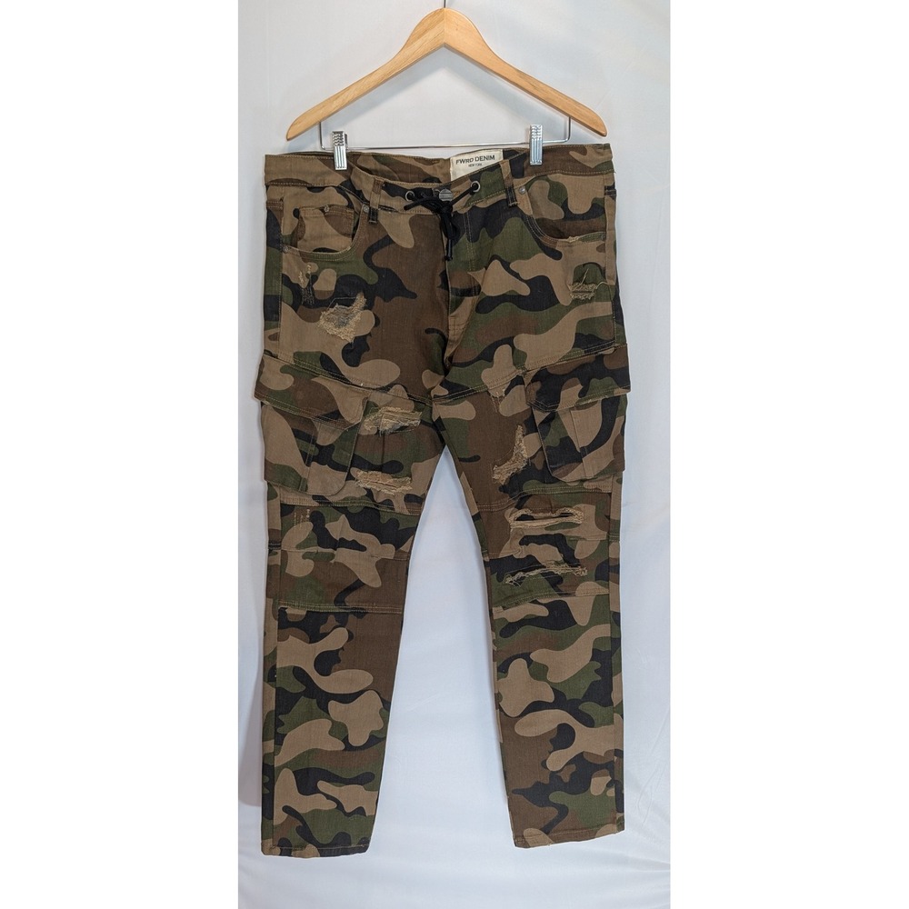 FWRD Denim Mens 38x32 Slim Fit Camo Cargo Pants Distressed Ripped Streetwear